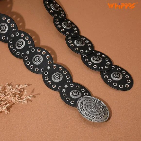 Women Disc Concho Leather Belt Western Cowgirl Hollow Belt  display picture 3
